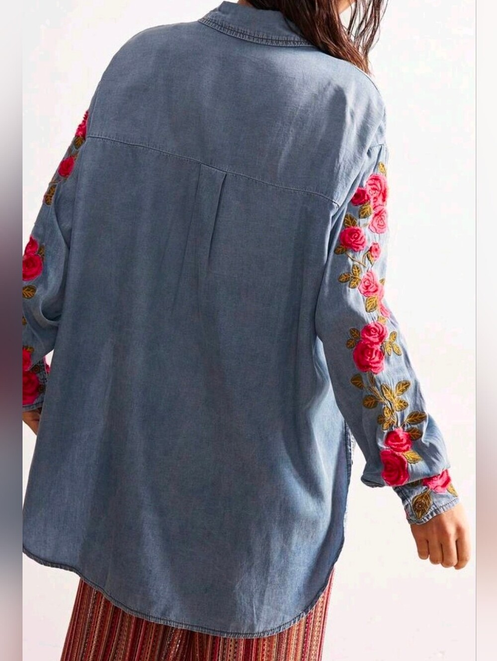 New Boho Embroidered Rose Floral Button Down Shirt Blue Denim Red Pink Green - Picture 7 of 11